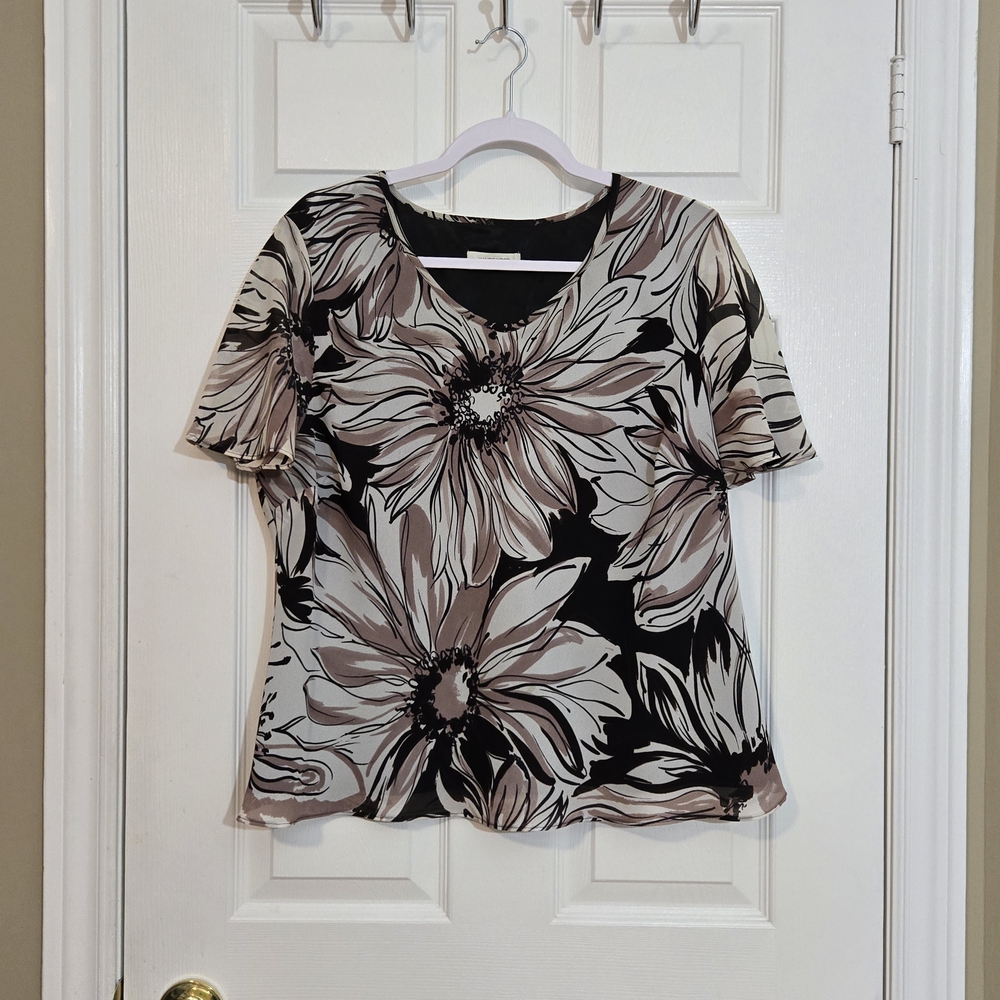 Windsmoor Lined Women's Floral Top ~ Light Brown, Black and White ~ Size 14 ~